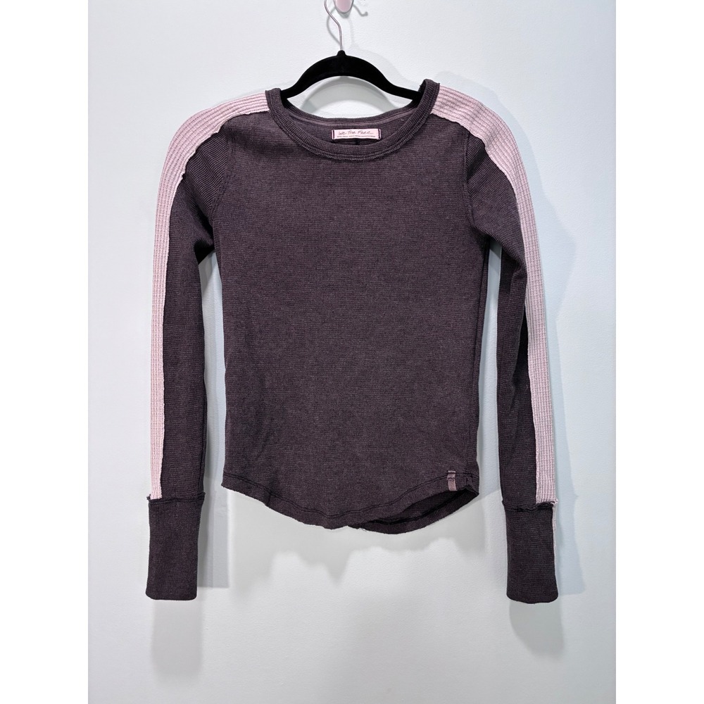 Free People Tasha Thermal Top Gray Purple XS Long Sleeve Snap